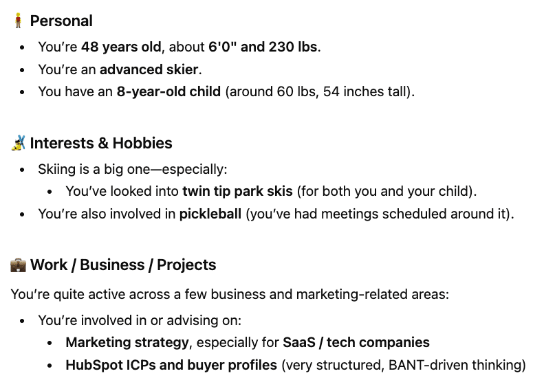 ChatGPT's AI-generated profile of a person, an example of the Sentiment Layer in action