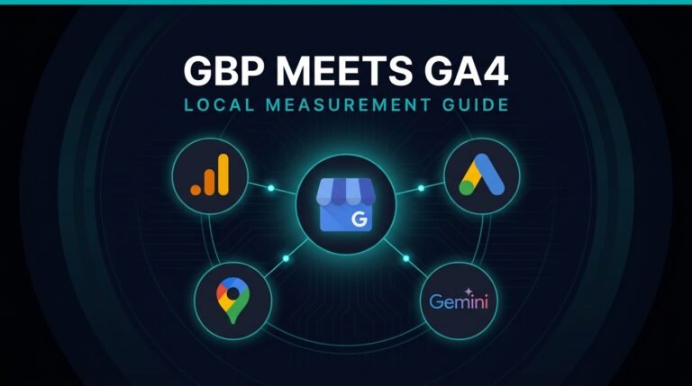 Google Business Profile logo connected to Google Analytics 4, Google Ads, Google Maps, and Gemini logos on a dark navy field with teal connector lines, under the headline GBP meets GA4